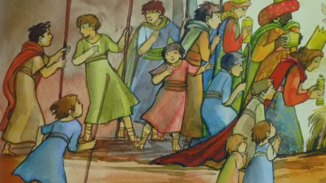 Weihnachten-Menschen kommen zur Krippe (Foto: Bild von Brigitte Smith) Weihnachten-Menschen kommen zur Krippe — aus dem Bilderbuch von Andrew Bond 'Die erste Weihnacht' - Bilder von Brigitte Smith (Foto: Bild von Brigitte Smith)